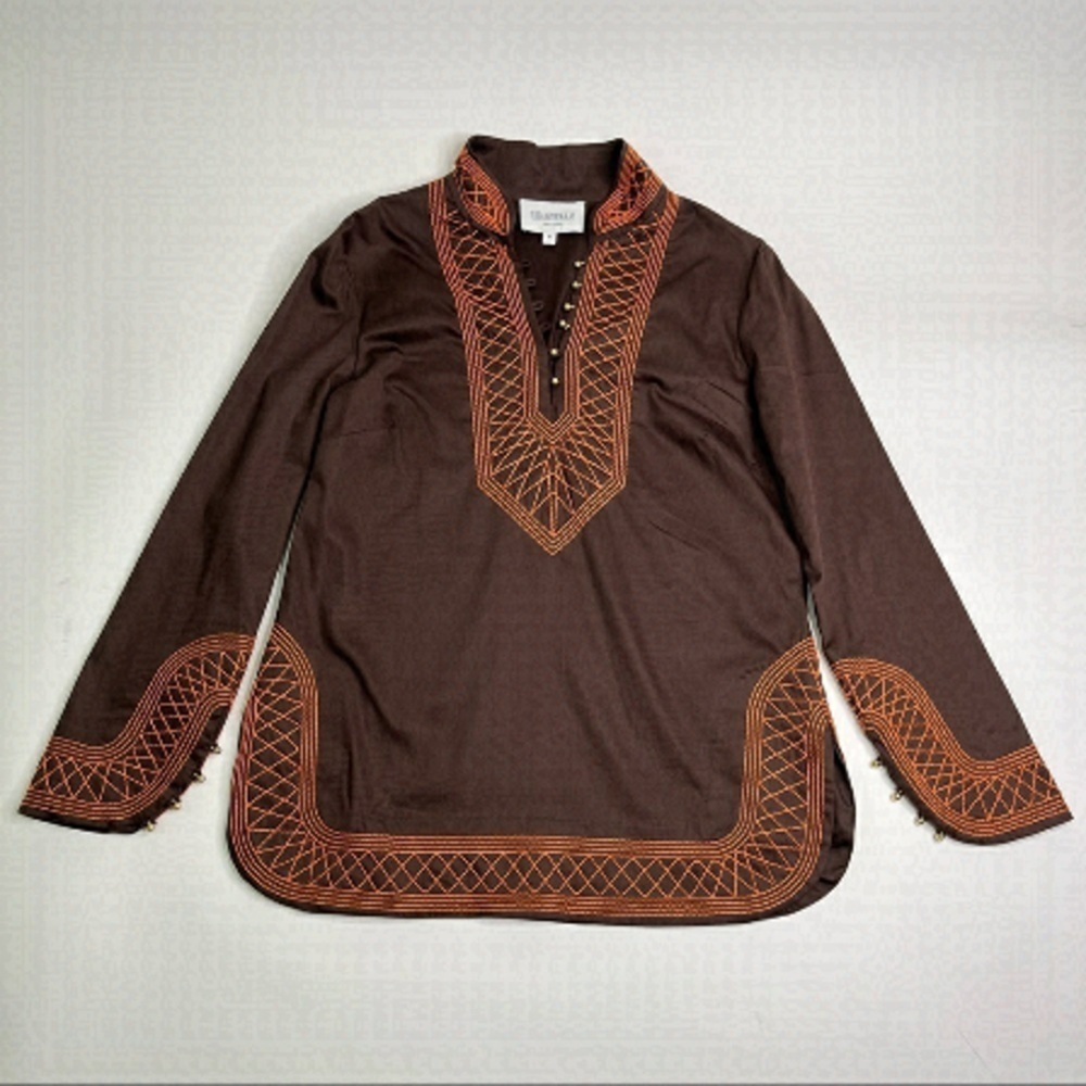 ELIZABETH MCKAY Brown Tunic Top Orange Embroidered Crisscross Vacation Shirt